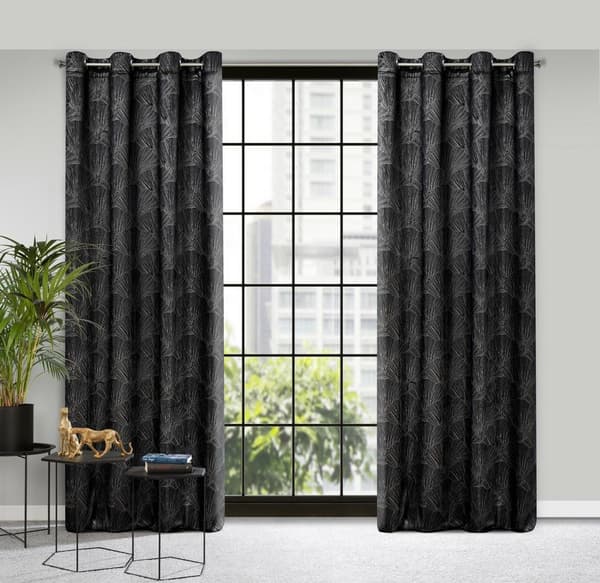 Gardin 140x250 Goja sort fløjl ginkgo blade på tylle Pierre Cardin med et skinnende print Eurogardiner