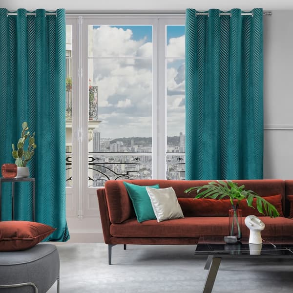 Verho 140x250 Lussi, tumma turkoosi, valmis, samettia silmukoilla, jacquard-kuvioinen Euroverhot