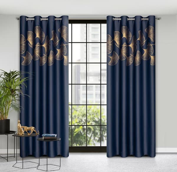 Verho 140x250 Harmony laivastonsiniset ginkgo lehdet valmiina Eurofiranan läpivienteihin
