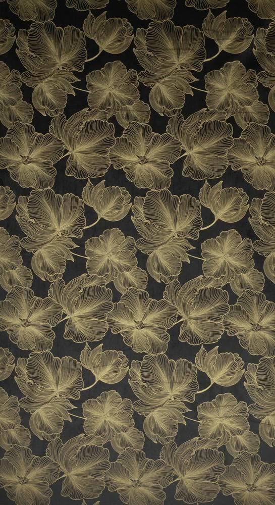 Verho 140x250 Stella mustakultaiset kukat valmiina Eurocurtain-silmukoissa