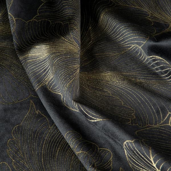 Verho 140x250 Stella mustakultaiset kukat valmiina Eurocurtain-silmukoissa