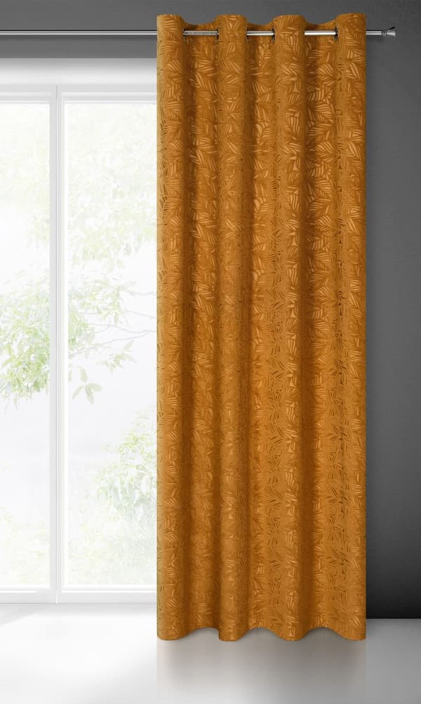 Gardin 140x250 Octavia honung, gjord av mjuk sammet med ett präglat lövmönster, redo med öljetter Eurogardiner