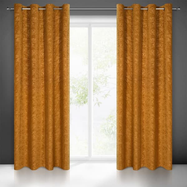 Gardin 140x250 Octavia honung, gjord av mjuk sammet med ett präglat lövmönster, redo med öljetter Eurogardiner