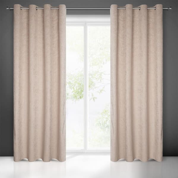 Gardin 140x250 Octavia beige, gjord av mjuk sammet med ett präglat lövmönster, redo med öljetter Eurofirany