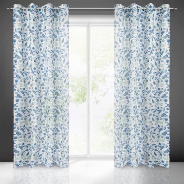 Gardin 140x250 Rosali hvidblå med print af malede kviste, lavet af lys mikrofiber, klar med Eurofirany-øjer