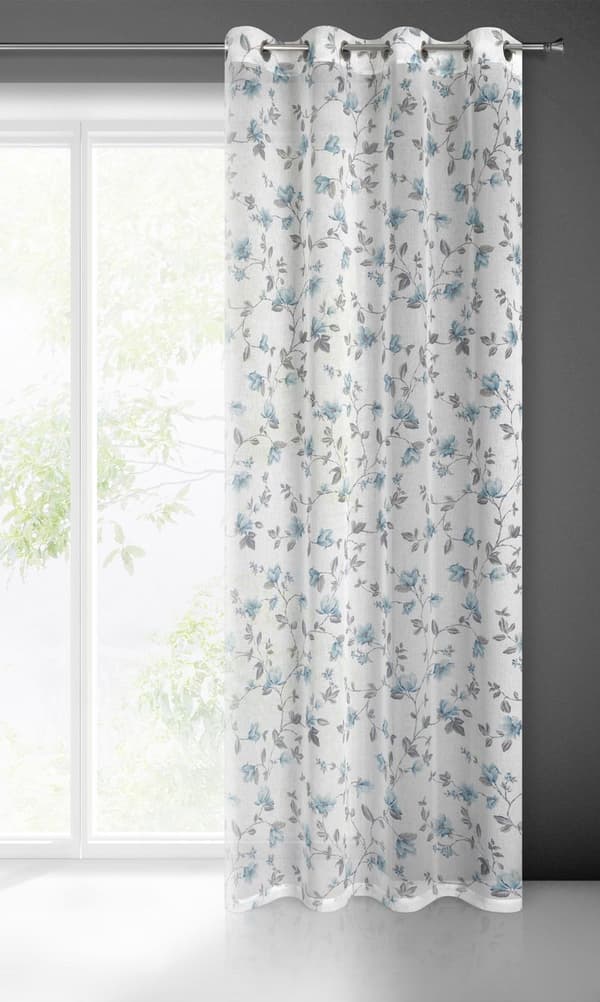 Gardin 140x250 Jenny hvid blå klar med gennemføringer lavet af let etamin i øko stil med et blomstermotiv Eurofirany