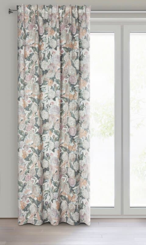 Verho 140x270 Irma vihreät beige-kukat valmiina teippille/tunneli/sammakkokukat ekologisesti Euroverhot
