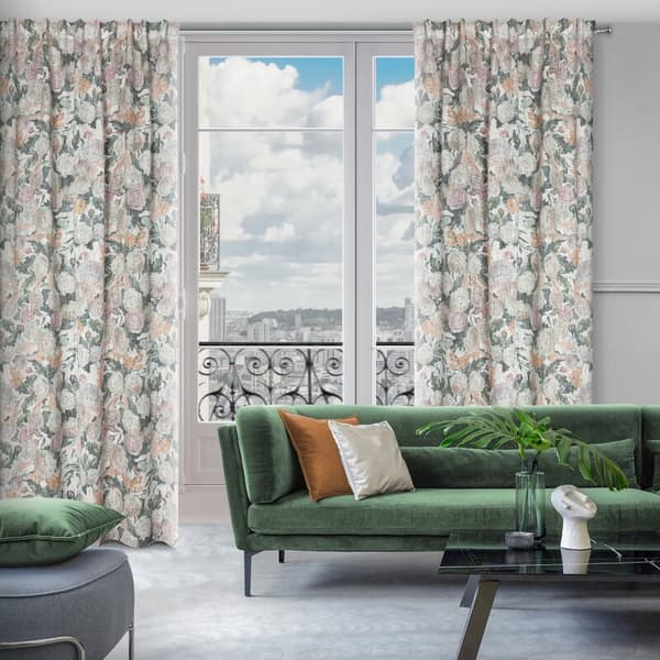 Verho 140x270 Irma vihreät beige-kukat valmiina teippille/tunneli/sammakkokukat ekologisesti Euroverhot