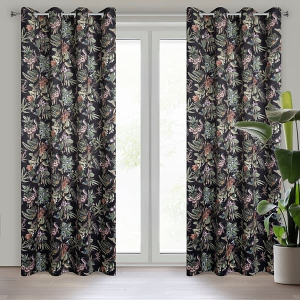 Gardin 140x250 Becky svarta gröna blommor redo med öljetter Eurogardiner E11