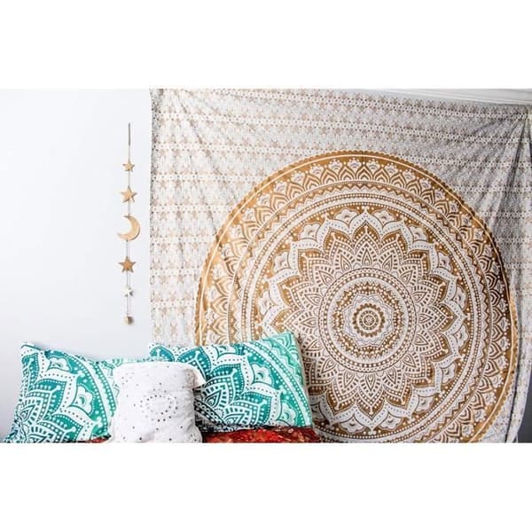 Stor mandala tapet, väggdekoration, guld bohemisk hippie dekoration, vardagsrum dekoration gobeläng, vit och guld, 210x150cm