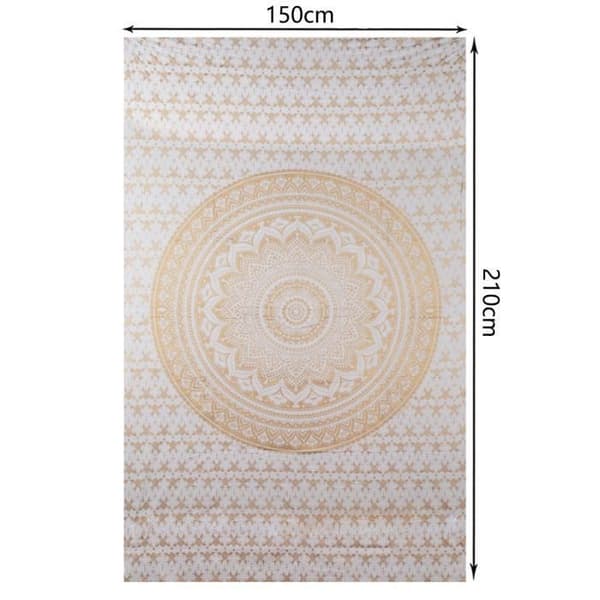 Stor mandala tapet, väggdekoration, guld bohemisk hippie dekoration, vardagsrum dekoration gobeläng, vit och guld, 210x150cm