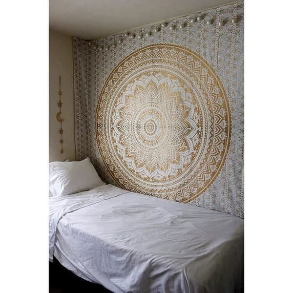 Stor mandala tapet, väggdekoration, guld bohemisk hippie dekoration, vardagsrum dekoration gobeläng, vit och guld, 210x150cm