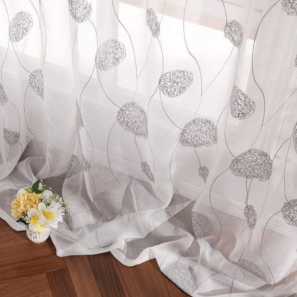 2 skira öljettgardiner, vintagebroderade tyllgardiner, 140 x 245 cm grå
