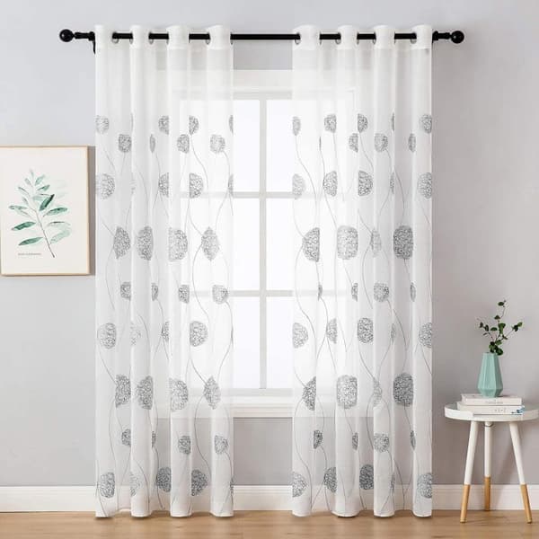 2 skira öljettgardiner, vintagebroderade tyllgardiner, 140 x 245 cm grå