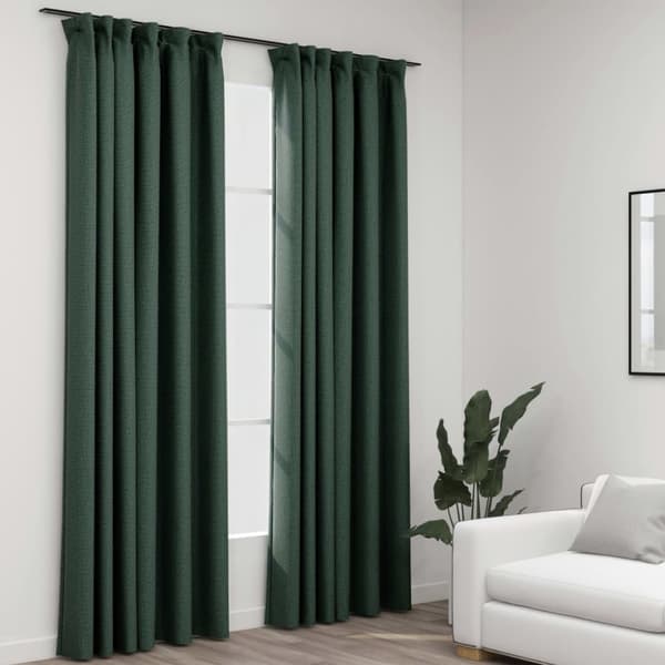 Mörkläggningsgardin med krokar linnelook 2 st grön 140x225 cm
