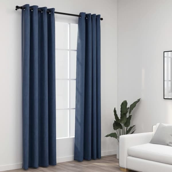 Mörkläggningsgardin med öljetter linnelook 2 st blå 140x225cm