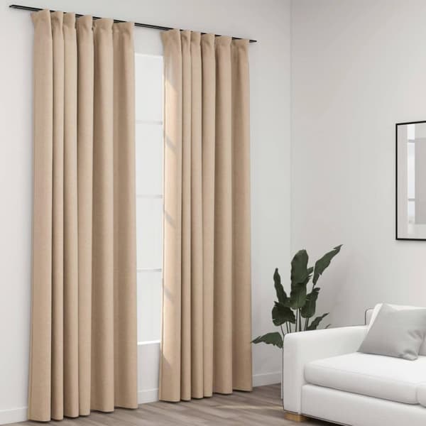 Mörkläggningsgardin med krokar linnelook 2 st beige 140x225 cm