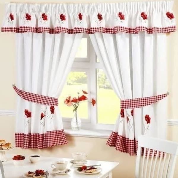 Köksgardiner - Vallmo - Röd Vit - 100% Polyester - Broderad design - Tvättbar i maskin