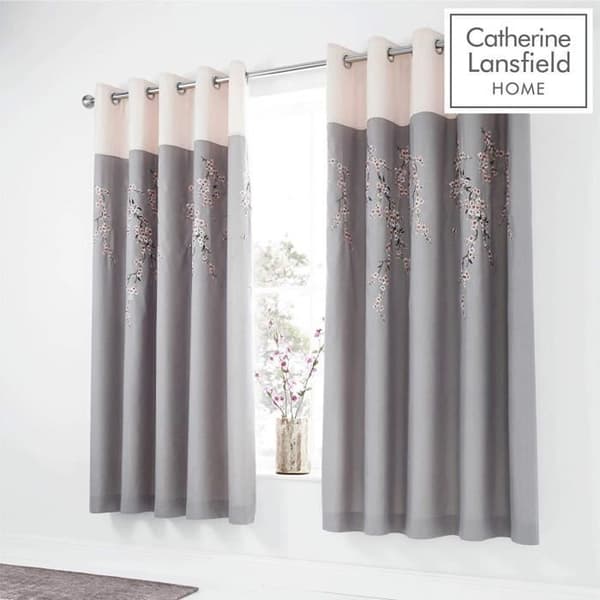 Catherine Lansfield Grey Flowers Broderade Grommet Gardiner 167 x 183 cm - BD/50570/W/E6672/GY