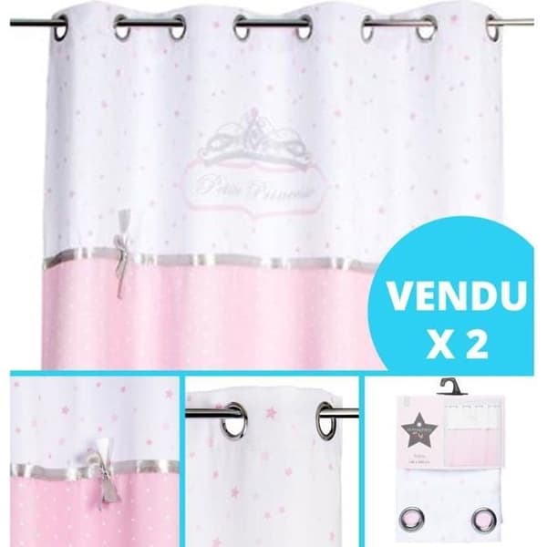 Set med 2 - Rosa och vit prinsessasatänggardin - Atmosphera for Kids - Öljetter - Prickar - 140 x 260 cm