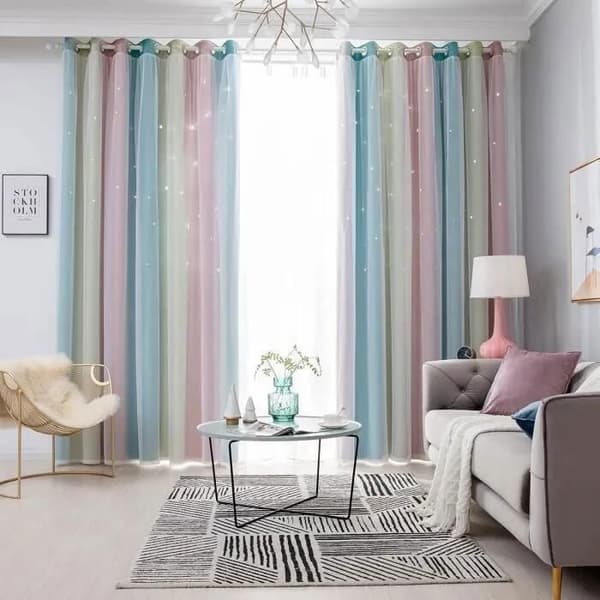 2 delar - Mörkläggande gardiner med dubbel tjocklek för sovrum och vardagsrum, med enkel gradienthålformade stjärnor 100x250cm-rosa