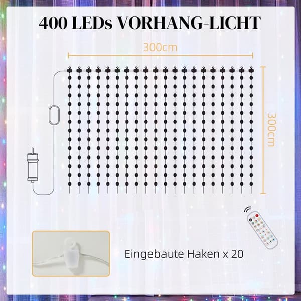 Rootz -verho 400 LED -valolla - merkkijonovalot - dynaaminen valaistus - musiikin synkronointi - Wi -Fi -ohjaus - 300 cm x 300 cm