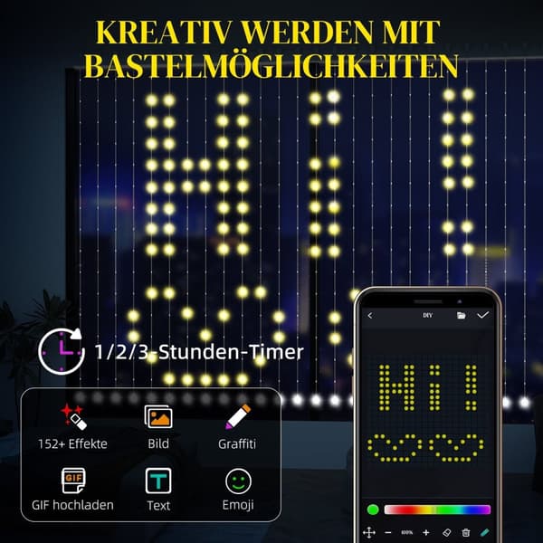 Rootz -verho 400 LED -valolla - merkkijonovalot - dynaaminen valaistus - musiikin synkronointi - Wi -Fi -ohjaus - 300 cm x 300 cm