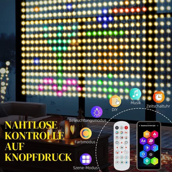 Rootz -verho 400 LED -valolla - merkkijonovalot - dynaaminen valaistus - musiikin synkronointi - Wi -Fi -ohjaus - 300 cm x 300 cm