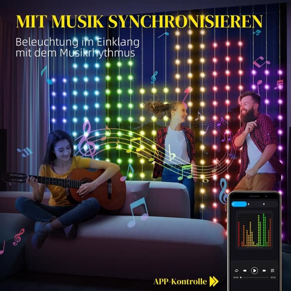 Rootz -verho 400 LED -valolla - merkkijonovalot - dynaaminen valaistus - musiikin synkronointi - Wi -Fi -ohjaus - 300 cm x 300 cm