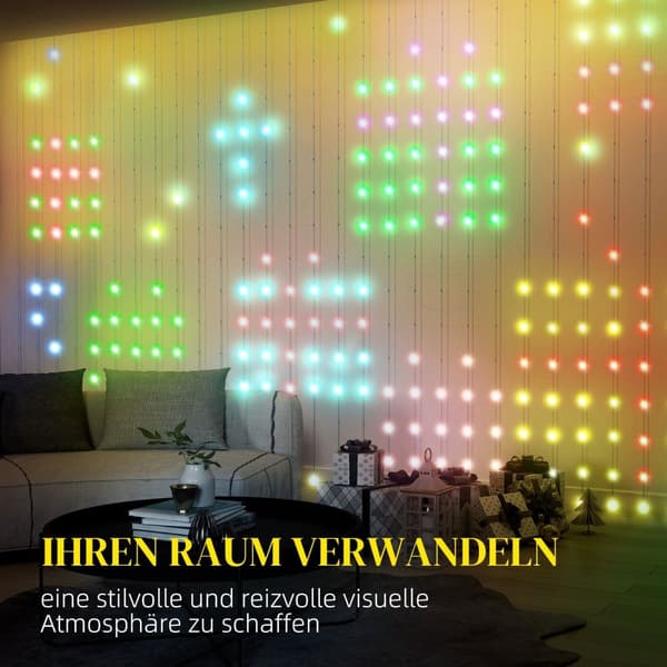 Rootz -verho 400 LED -valolla - merkkijonovalot - dynaaminen valaistus - musiikin synkronointi - Wi -Fi -ohjaus - 300 cm x 300 cm