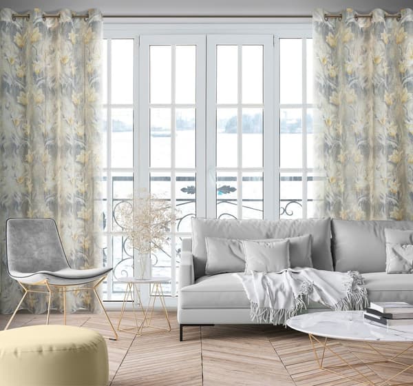 Färdiggjord gardin med öljetter OLA 140x250 Eurofirany askgrå med beige blommor