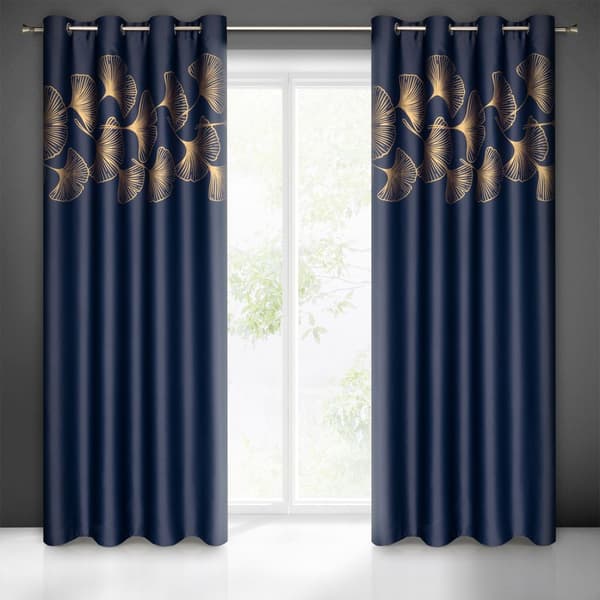 Færdiglavet gardin med øjer HARMONY 140x250 Eurofirany marineblå med ginko blade