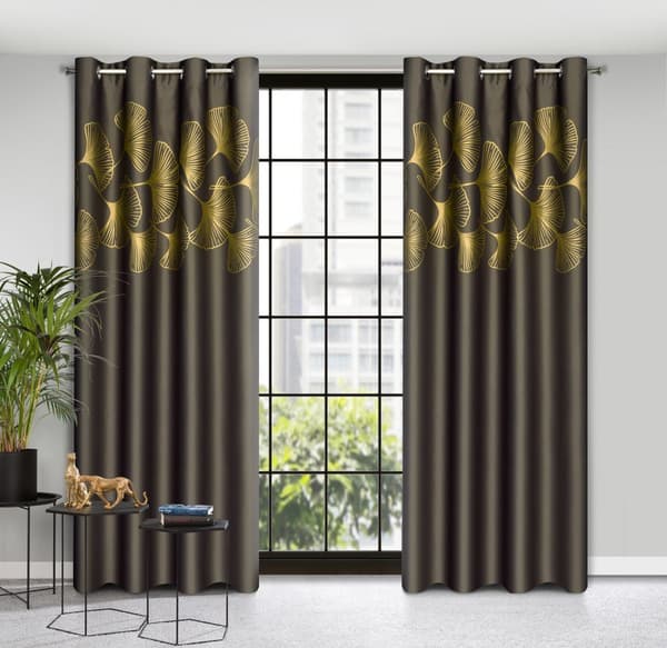 Valmis verho silmukoilla HARMONY 140x250 Eurofirany ruskea ginkonlehdillä