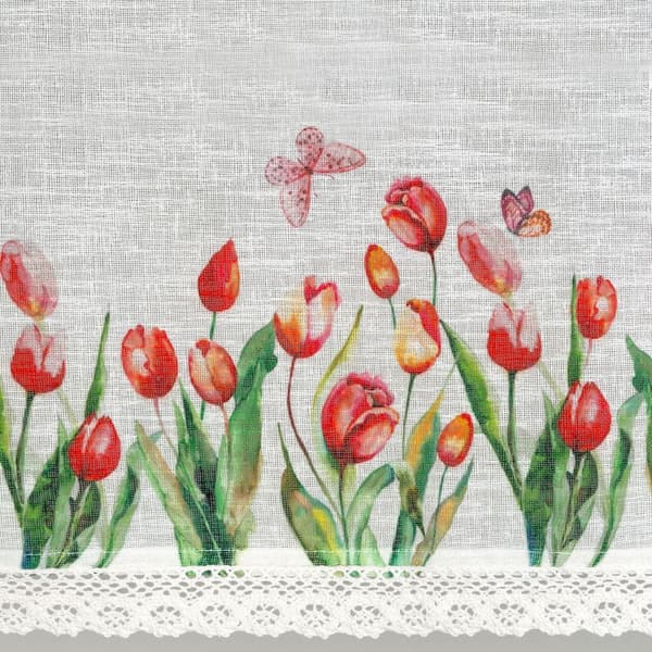 Valmiit verhot verhoteipillä STELLA 150x30 Eurofirany valkoiset punaiset vihreät tulppaanit