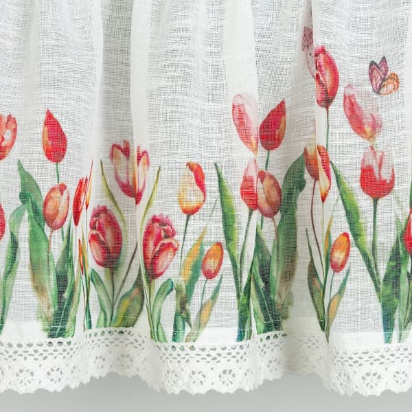 Valmiit verhot verhoteipillä STELLA 150x30 Eurofirany valkoiset punaiset vihreät tulppaanit