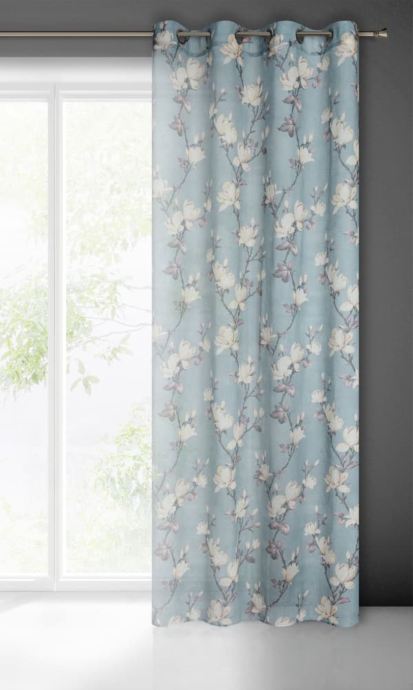 Färdig gardin med öljetter LUNA 140x250 Eurofirany grå rosa blommor magnolior