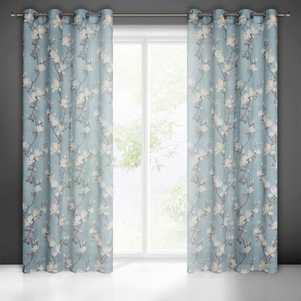 Färdig gardin med öljetter LUNA 140x250 Eurofirany grå rosa blommor magnolior