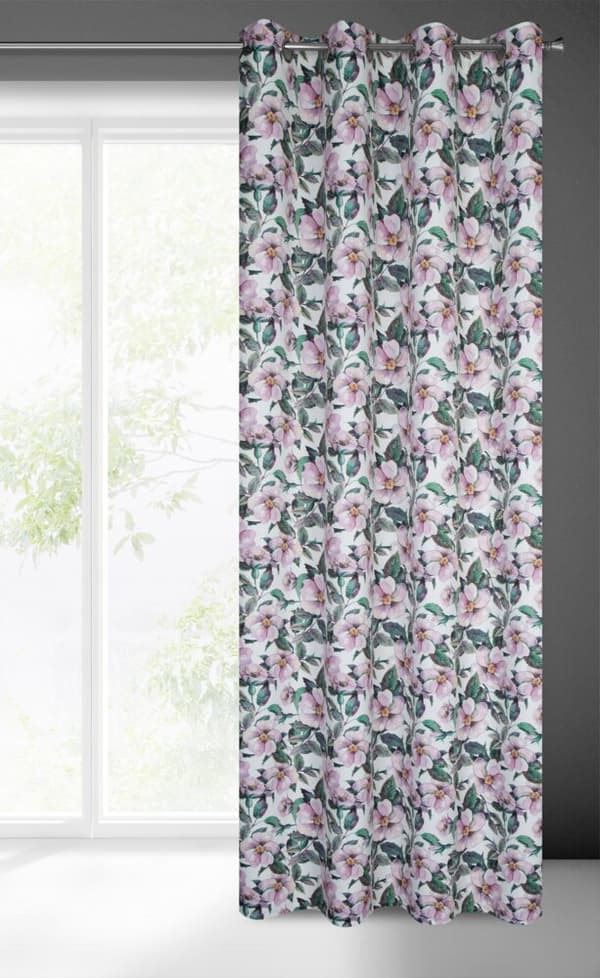 Færdiglavet gardin med øjer SIMONA 140x250 Eurofirany hvid lilla med blomster