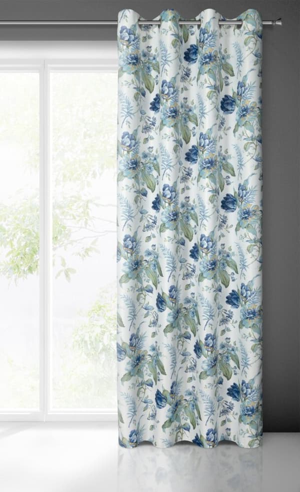 Färdig gardin med öljetter ALVA 140x250 Eurofirany vit med blå blommor