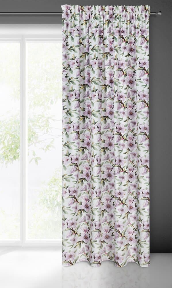 Færdiglavet gardin på tape ARLETA 140x270 Eurofirany hvide lilla blomster