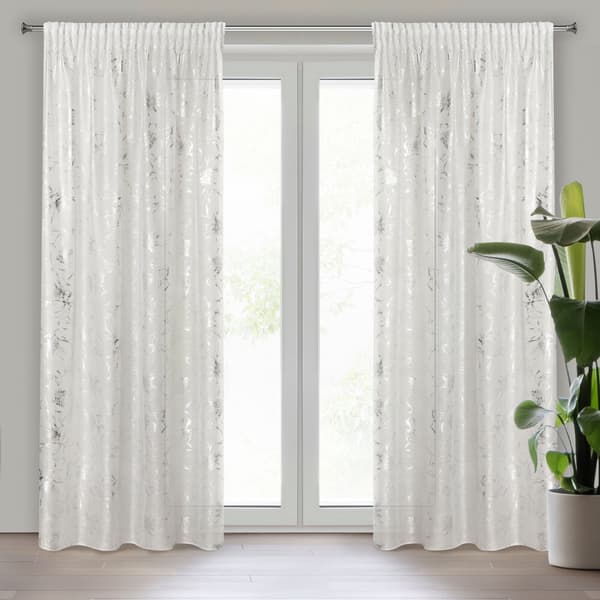 Valmiit verhot teipillä FEZA 140x300 Eurofirany valkoinen/hopea kukkaprintti