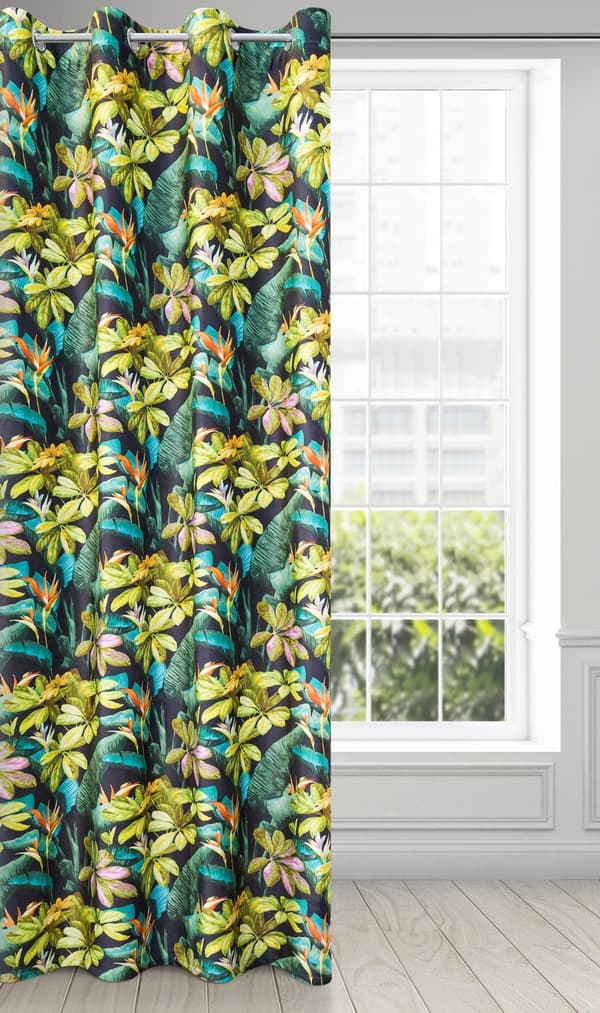 Valmis verho silmukoilla LIVY 140x250 Design91 musta kasvikuviolla