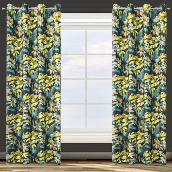 Færdiglavet gardin med øjer LIVY 140x250 Design91 sort med plantemønster