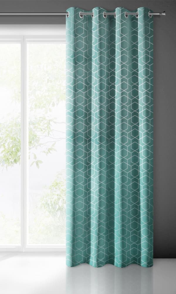 Færdiglavet gardin med øjer MANDI 140x250 Eurofirany turkis sølv print
