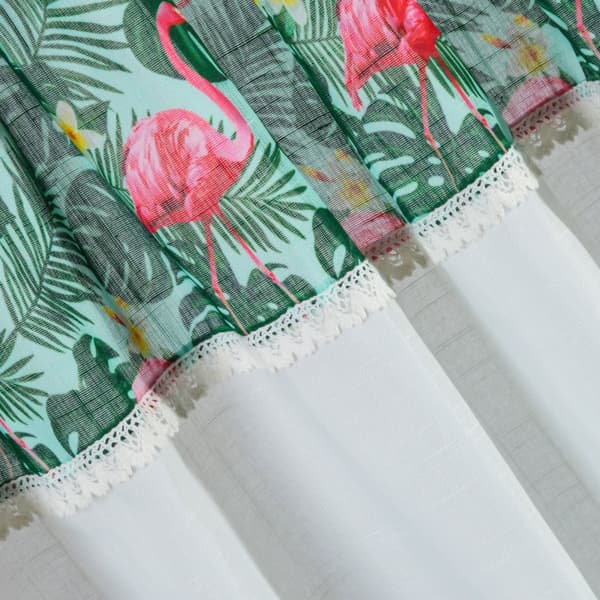 Valmis verho teipillä BOTANIC 140x250 Eurofirany valkoinen monivärinen lehtiä flamingoja