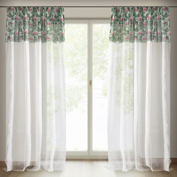 Valmis verho teipillä BOTANIC 140x250 Eurofirany valkoinen monivärinen lehtiä flamingoja