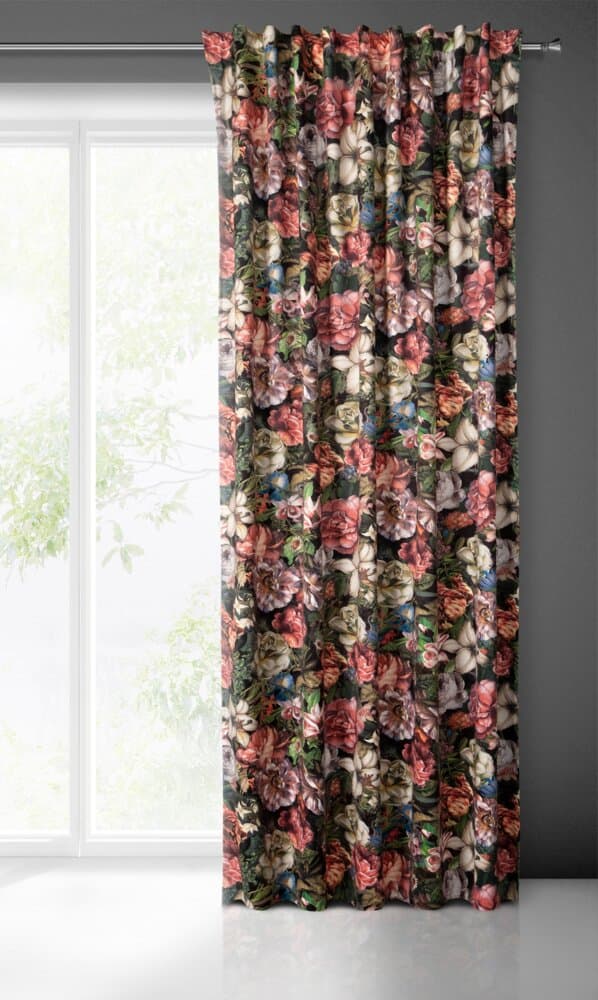 Valmis verho teipillä PEONIA 140x270 Eurofirany burgundia kukilla