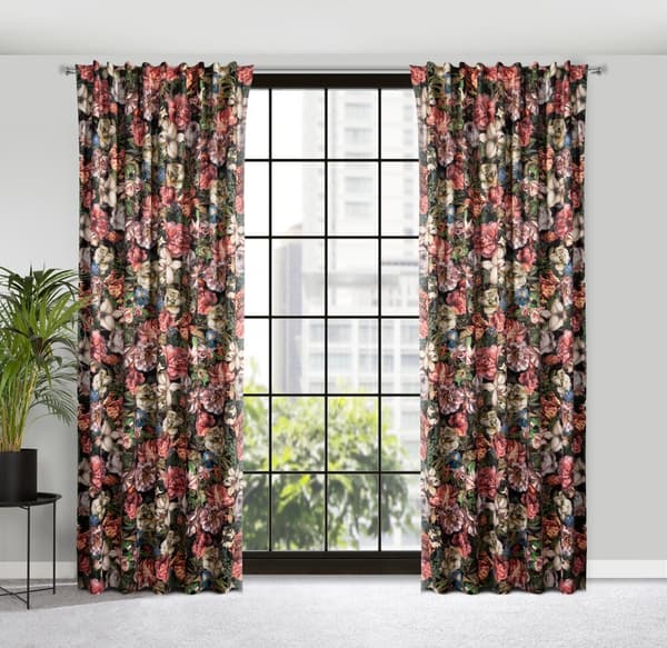 Valmis verho teipillä PEONIA 140x270 Eurofirany burgundia kukilla