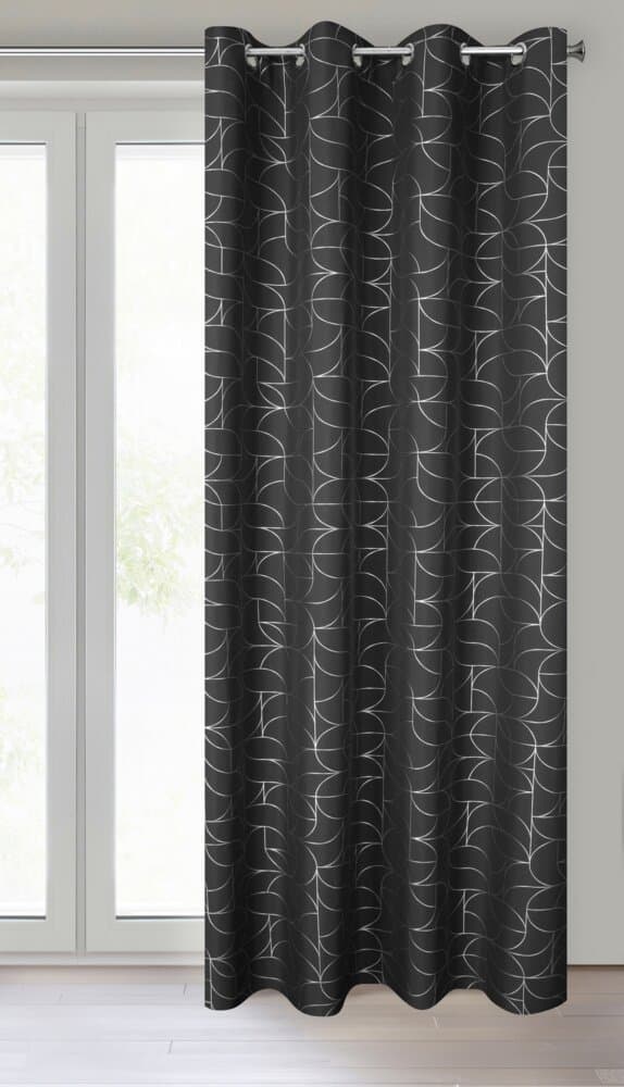 Valmis verho silmukoilla EVI 140x250 Eurofirany musta hopea geometrinen printti