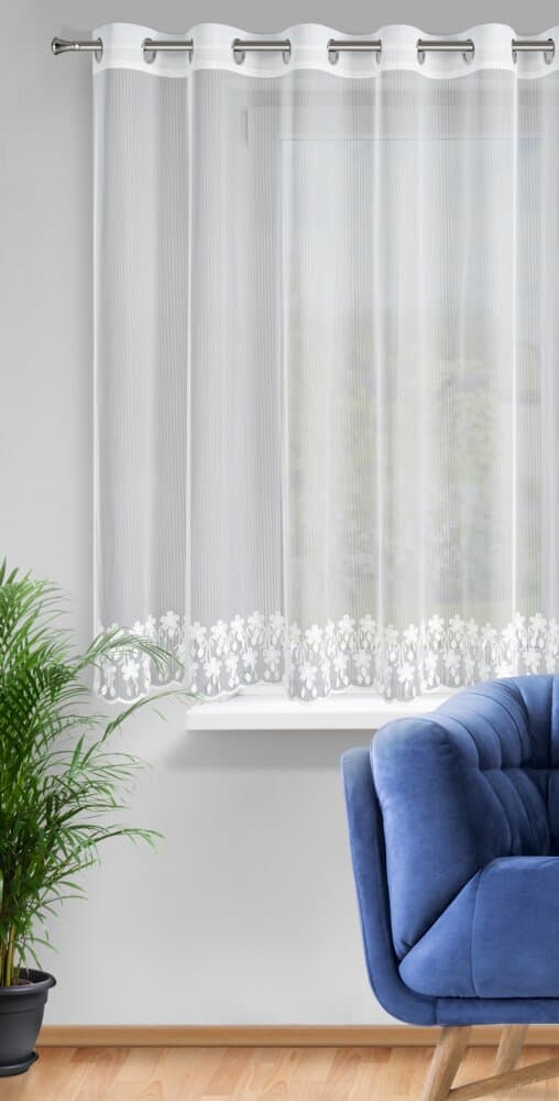 Valmiit verhot silmukoilla SADIE 300x150 Eurofirany valkoiset pitsikukat
